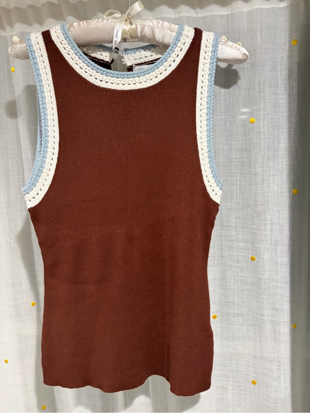 Rachel Zoe Brown Knit Tank with Contrast Crochet Trim/ size Medium/ stretchy
